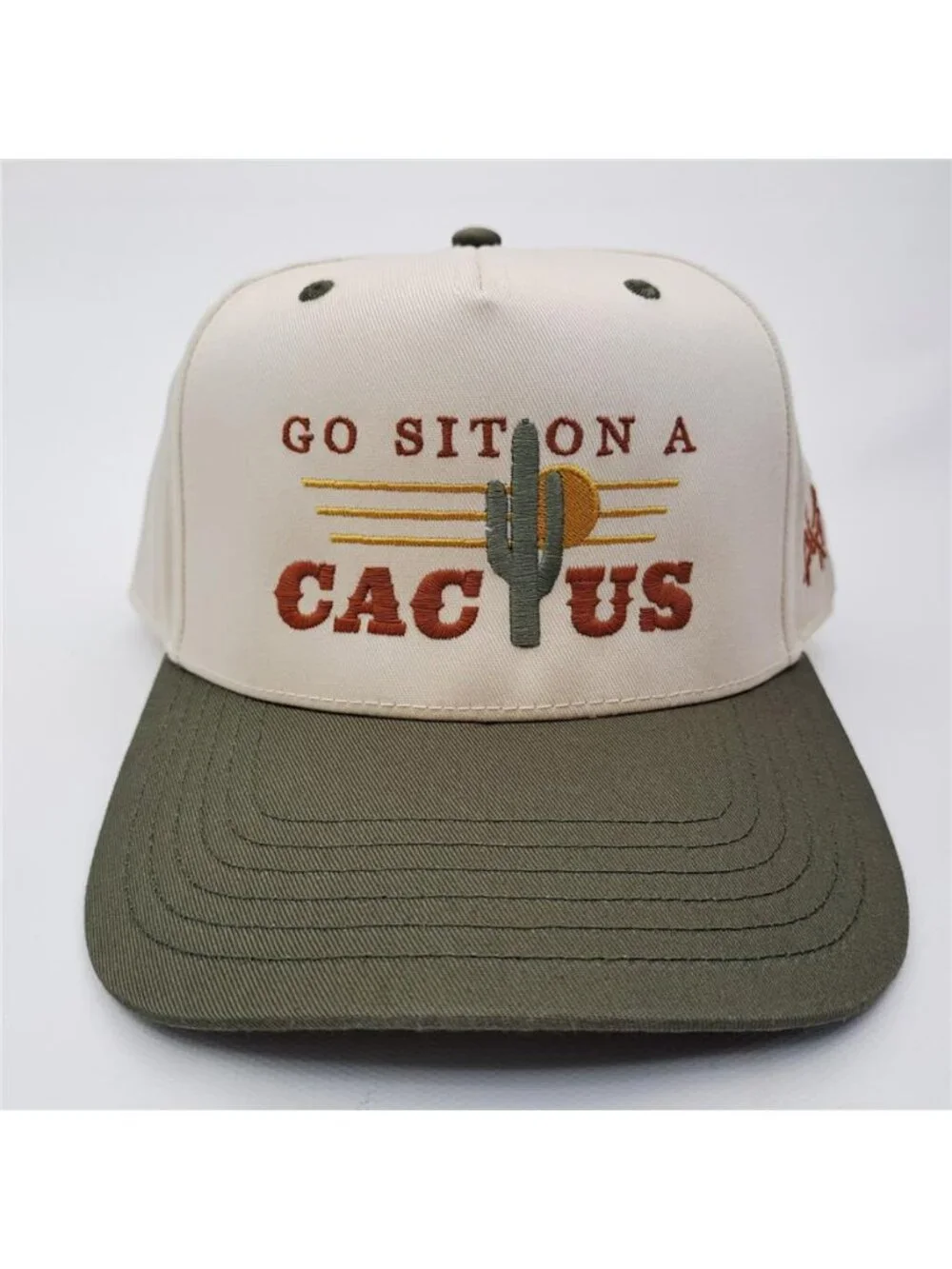 Retro Go Sit On A Cactus Hat Green Cream Western Snapback Desert Funny Cap New
